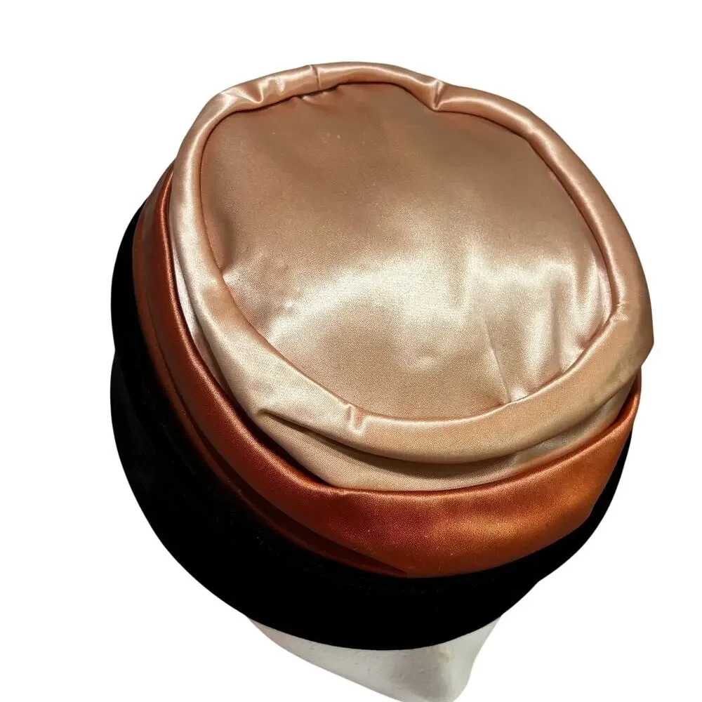 Vintage Turban Pillbox hat two toned pink blush satin & black velvet Size 22